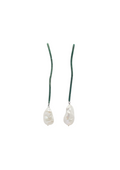 Pair of handcrafted pearl earrings on green strings against a white background