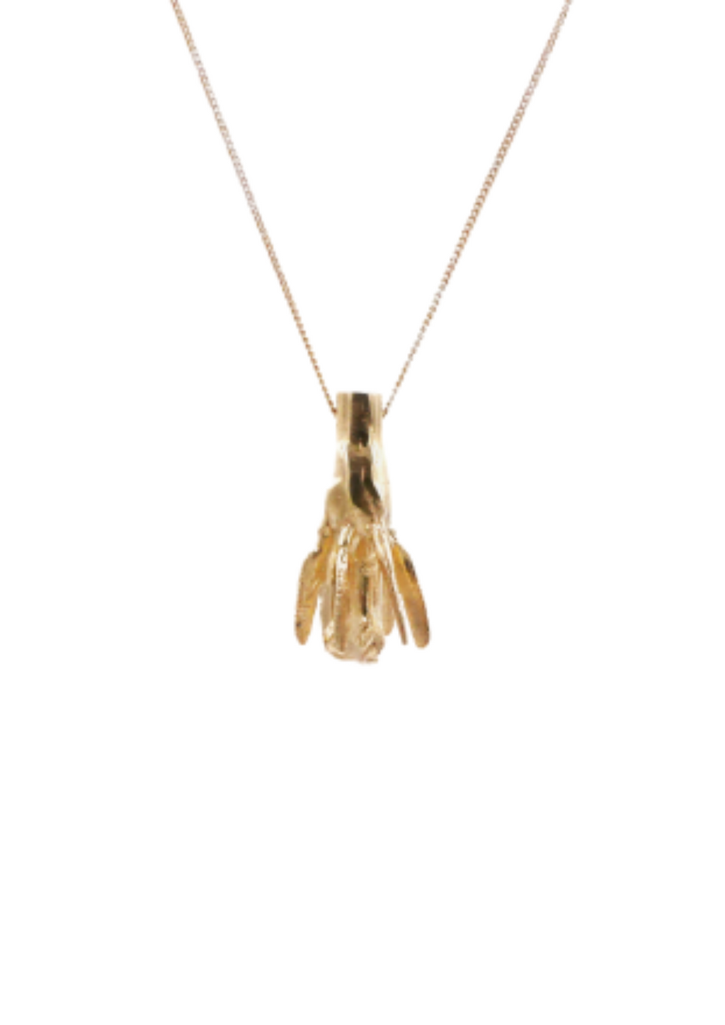 handcrafted Gold pendant on a chain against a white background